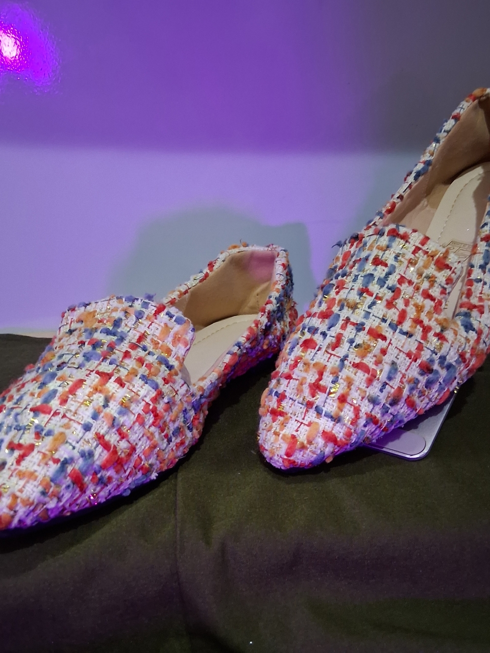 Multicolor Tweed Slip-On Flats in Red, Blue & Orange